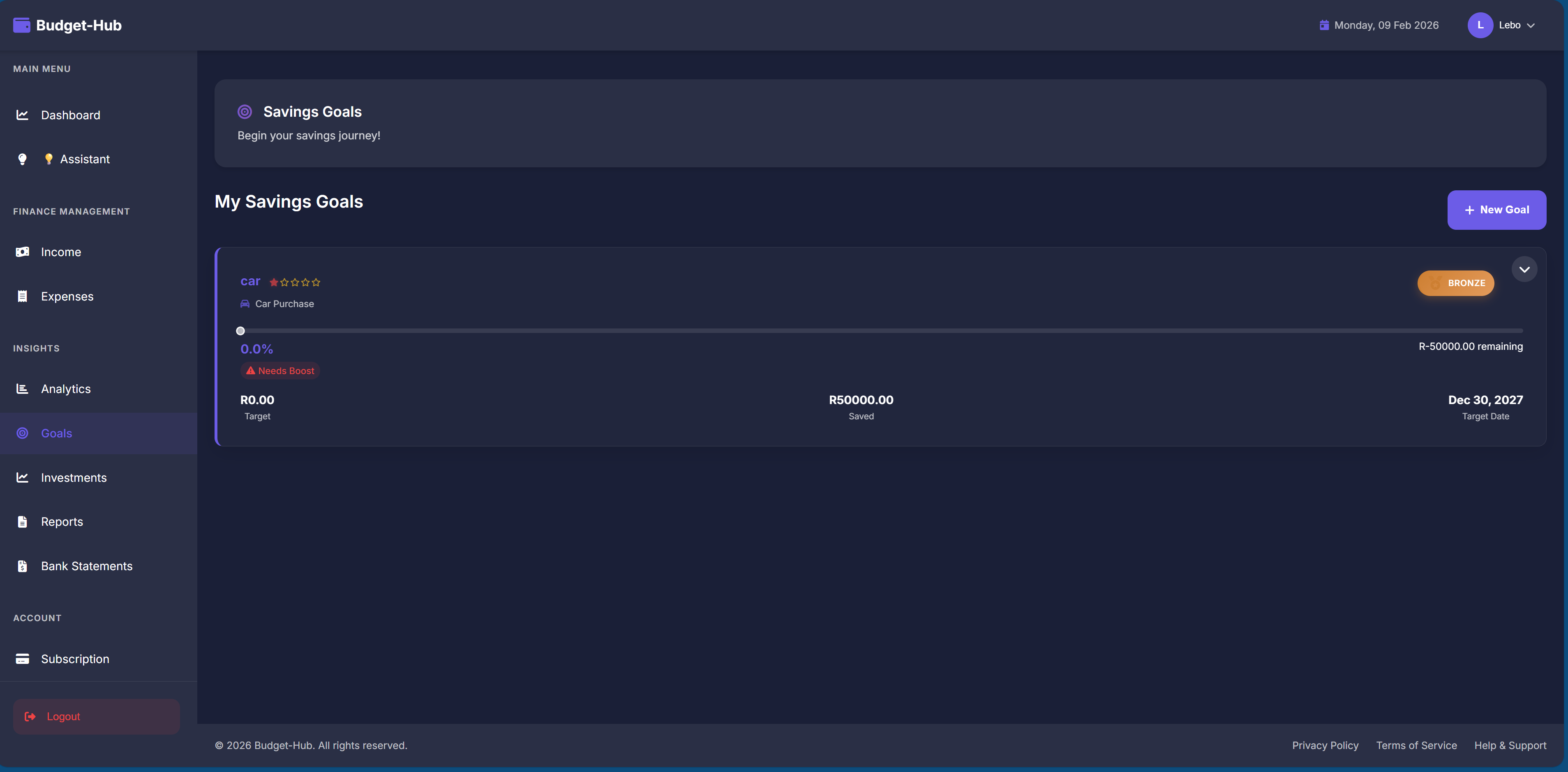 Budget Hub Goal Tracking